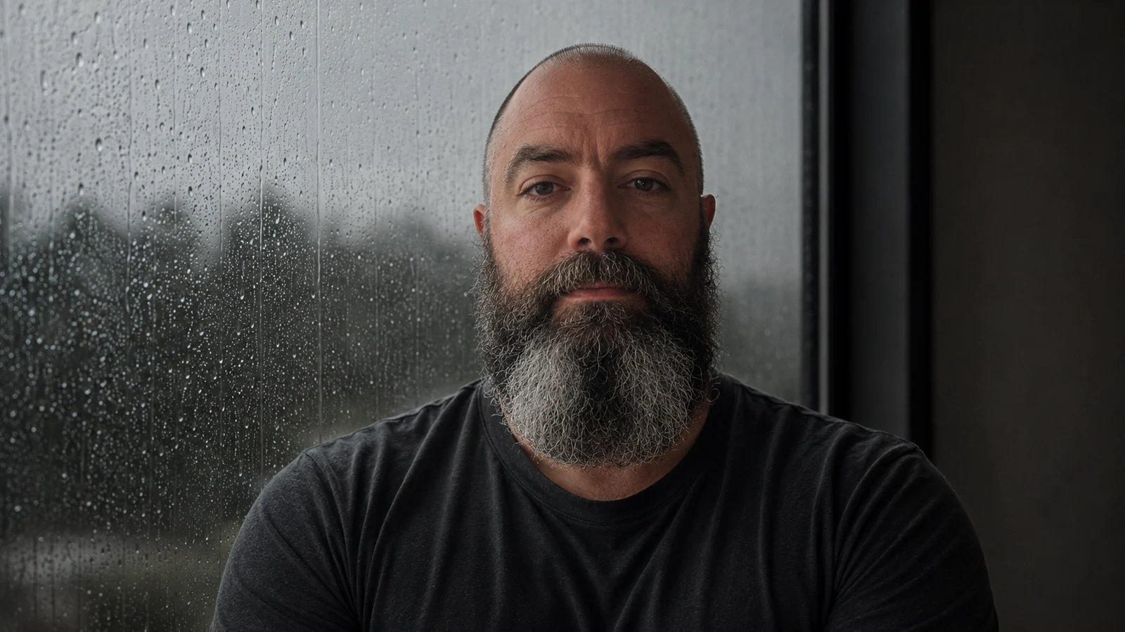 Juan Barbat frente a una ventana con gotas de lluvia